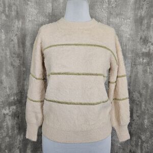 Allison New York Womens M Pink Fuzzy Sweater Gold Striped Chic Super Soft NEW